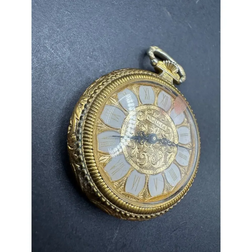 Vintage Sheffield Gold Tone Swiss Made White Dial Pendant Pocket Watch 1 Jewel